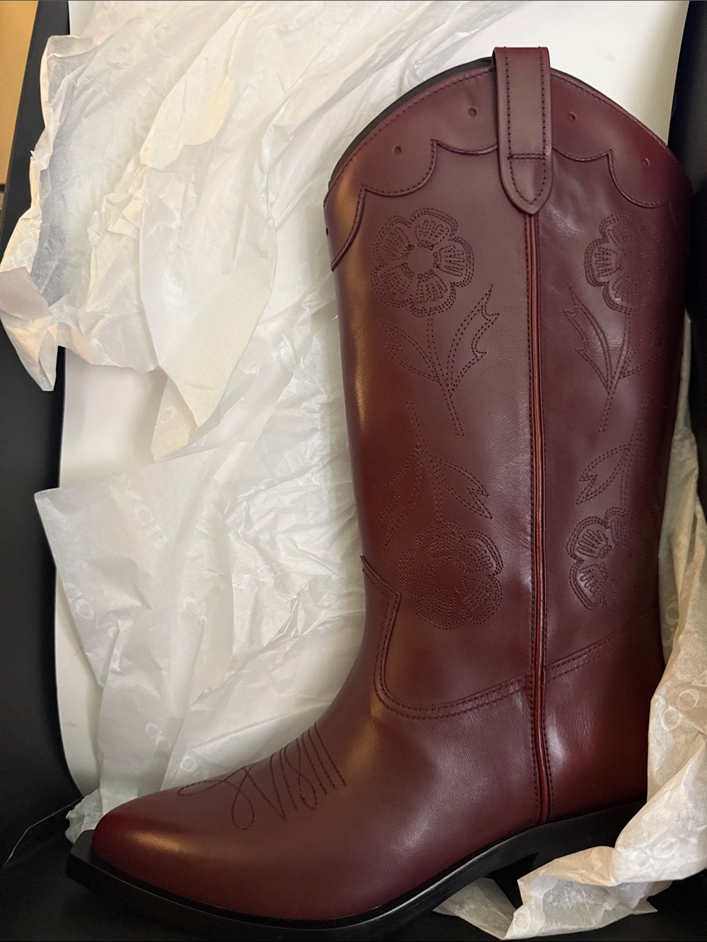 Coach Women's Aria Loved Leather Tall Cowboy Boot color Merlot size 9 - Picture 7 of 14